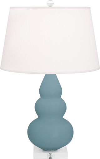 Buy matte-steel-blue-glazed-ceramic-w-lucite-with-pearl-dupioni-fabric-shade-glass-and-white-shade Small Triple Gourd Table Lamp by Robert Abbey