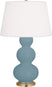 Matte Steel Blue Glazed Ceramic w/Antique Brassed with Pearl Dupioni Fabric Shade Glass and White Shade