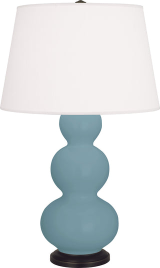 Buy matte-steel-blue-glazed-ceramic-w-deep-patina-bronzeed-with-pearl-dupioni-fabric-shade-glass-and-white-shade Triple Gourd Table Lamp by Robert Abbey