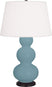 Matte Steel Blue Glazed Ceramic w/Deep Patina Bronzeed with Pearl Dupioni Fabric Shade Glass and White Shade