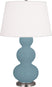 Matte Steel Blue Glazed Ceramic w/Antique Silvered with Pearl Dupioni Fabric Shade Glass and White Shade
