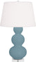 Matte Steel Blue Glazed Ceramic w/Lucite with Pearl Dupioni Fabric Shade Glass and White Shade