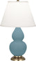 Matte Steel Blue Glazed Ceramic w/Antique Brassed with Pearl Dupioni Fabric Shade Glass and White Shade