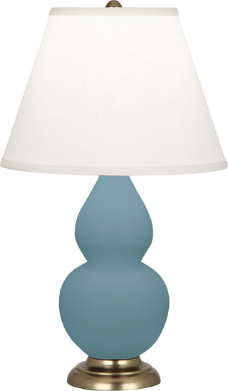 Buy matte-steel-blue-glazed-ceramic-w-antique-brassed-with-pearl-dupioni-fabric-shade-glass-and-white-shade Small Double Gourd Table Lamp by Robert Abbey