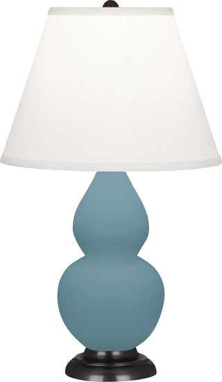 Buy matte-steel-blue-glazed-ceramic-w-bronzeed-with-pearl-dupioni-fabric-shade-glass-and-white-shade Small Double Gourd Lamp by Robert Abbey