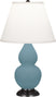 Matte Steel Blue Glazed Ceramic w/Bronzeed with Pearl Dupioni Fabric Shade Glass and White Shade