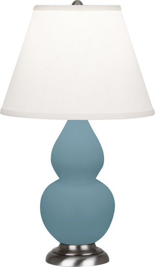 Buy matte-steel-blue-glazed-ceramic-w-antique-silvered-with-pearl-dupioni-fabric-shade-glass-and-white-shade Small Double Gourd Table Lamp by Robert Abbey