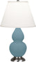 Matte Steel Blue Glazed Ceramic w/Antique Silvered with Pearl Dupioni Fabric Shade Glass and White Shade