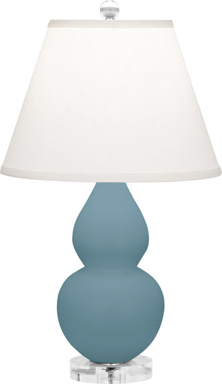 Buy matte-steel-blue-glazed-ceramic-w-lucite-with-pearl-dupioni-fabric-shade-glass-and-white-shade Small Double Gourd Table Lamp by Robert Abbey