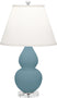 Matte Steel Blue Glazed Ceramic w/Lucite with Pearl Dupioni Fabric Shade Glass and White Shade