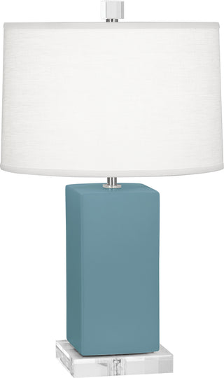 Buy matte-steel-blue-glazed-ceramic-with-oyster-linen-shade-with-self-fabric-top-diffuser-glass-and-white-shade Harvey Table Lamp by Robert Abbey