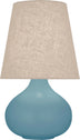 Matte Steel Blue Glazed Ceramic with Buff Linen Shade Glass and Amber/Brown Shade