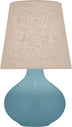 Matte Steel Blue Glazed Ceramic with Buff Linen Shade Glass and Amber/Brown Shade