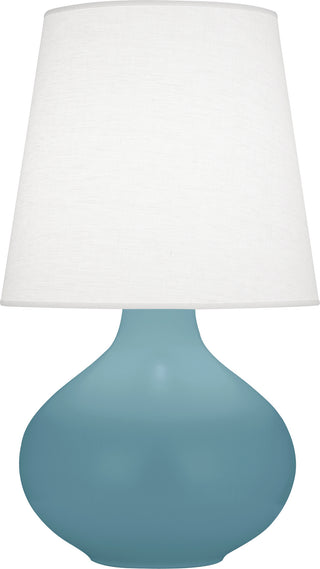 Buy matte-steel-blue-glazed-ceramic-with-oyster-linen-shade-glass-and-white-shade June Table Lamp by Robert Abbey