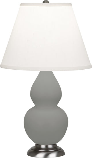 Buy matte-smokey-taupe-glazed-ceramic-w-antique-silvered-with-pearl-dupioni-fabric-shade-glass-and-white-shade Small Double Gourd Table Lamp by Robert Abbey