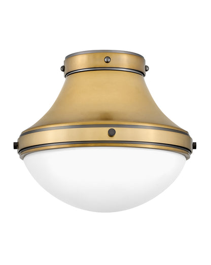 Oliver Flush Mount Ceiling Light by Hinkley – Lights: 1 Light (14.00"L x 14.00"W x 12.00"H) – Finish: Heritage Brass with Etched Opal Glass and White Shade – Hinkley-39051HB