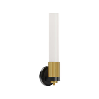 Buy matte-black-brushed-gold-with-glossy-opal-glass-glass-and-white-shade Rue Outdoor (Damp) Wall Sconce by Alora