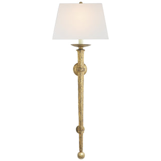 Buy gilded-iron-with-10-5-x-13-5-x-8-5-linen-glass-and-white-shade Iron Torch Sconce by Visual Comfort Signature