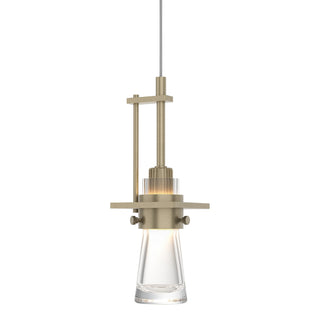 Buy soft-gold-with-clear-glass-zm-glass-and-clear-shade Erlenmeyer Mini Pendant by Hubbardton Forge