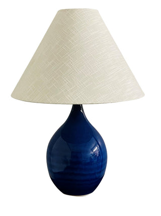 Buy imperial-blue-with-cream-linen-hardback-glass-and-white-shade Scatchard Table Lamp by House of Troy