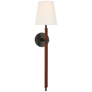 Buy bronze-and-saddle-leather-with-4-5-x-6-5-x-6-75-linen-glass-and-white-shade Bryant Wrapped Sconce by Visual Comfort Signature