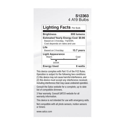 8.2 Watt (75 Watt Equivalent) Medium A19 120V LED 3000k Light Bulb by Satco