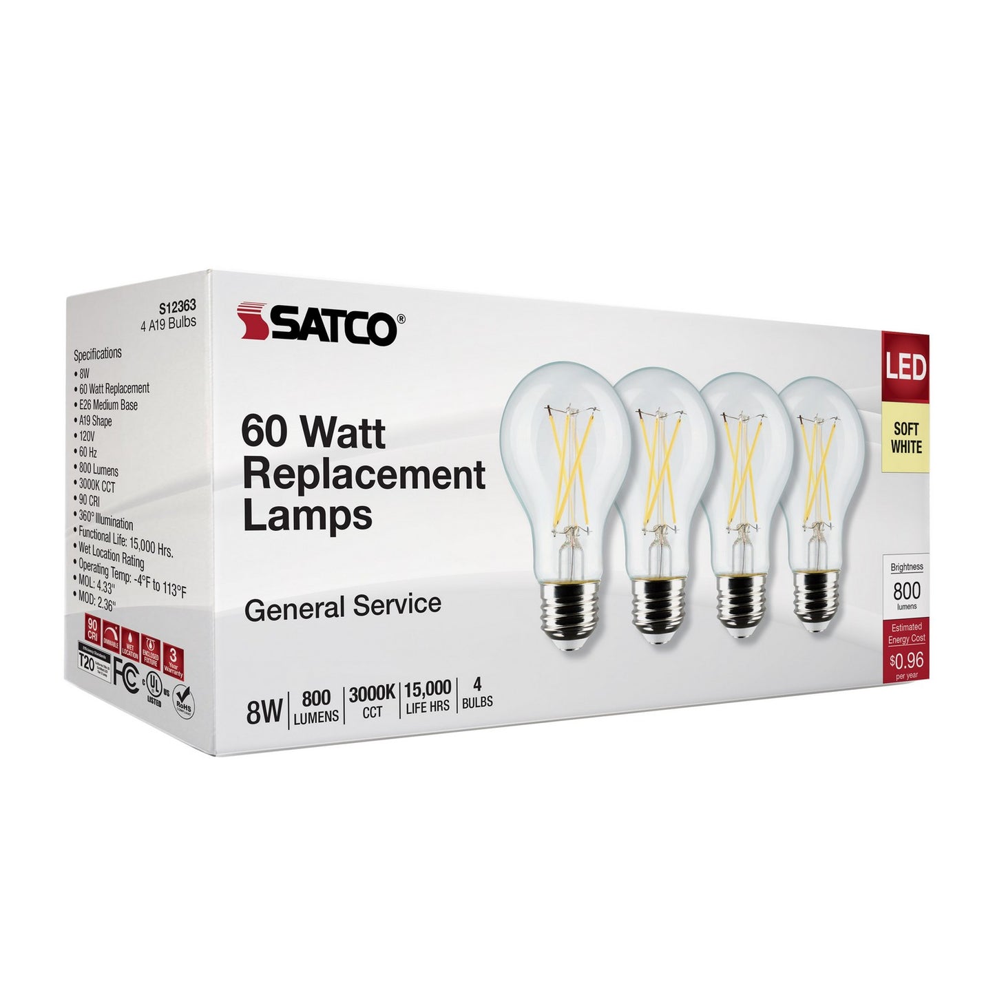 8.2 Watt (75 Watt Equivalent) Medium A19 120V LED 3000k Light Bulb by Satco