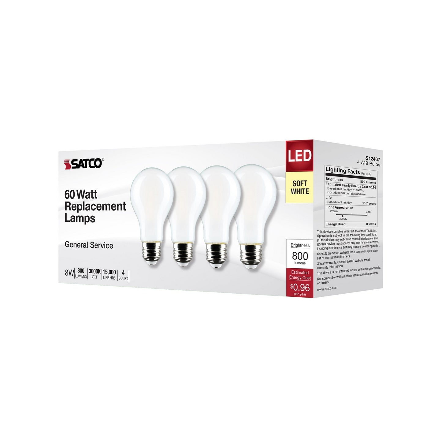 8 Watt (75 Watt Equivalent) E26 A19 120V LED 3000k Light Bulb by Satco