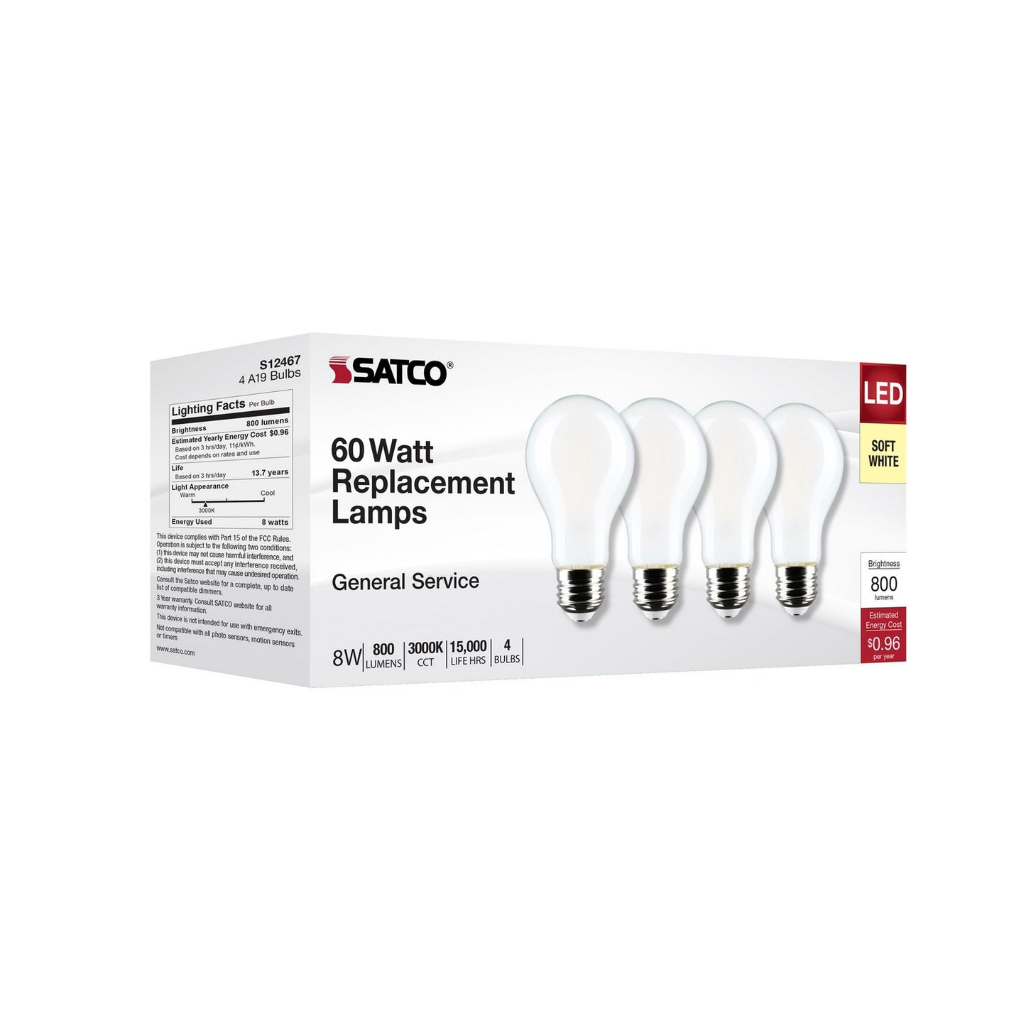 8 Watt (75 Watt Equivalent) E26 A19 120V LED 3000k Light Bulb by Satco
