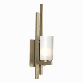 Buy soft-gold-with-opal-glass-gg-glass-and-white-shade Ondrian Sconce by Hubbardton Forge