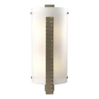 Buy soft-gold-with-white-art-glass-bb-glass-and-white-shade Vertical Bar Sconce by Hubbardton Forge