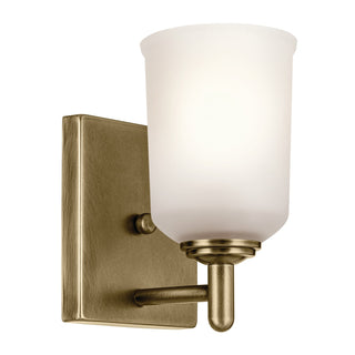 Buy natural-brass-with-clear-satin-etched-glass-and-white-shade Shailene Outdoor (Damp) Sconce by Kichler