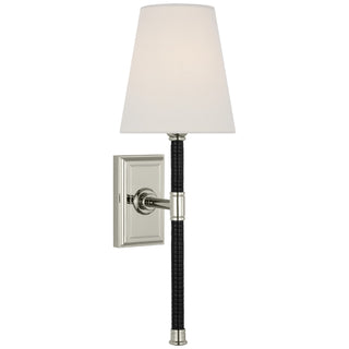 Buy polished-nickel-and-black-rattan-with-3-5-x-5-5-x-6-linen-glass Basden Outdoor (Damp) Sconce by Visual Comfort Signature