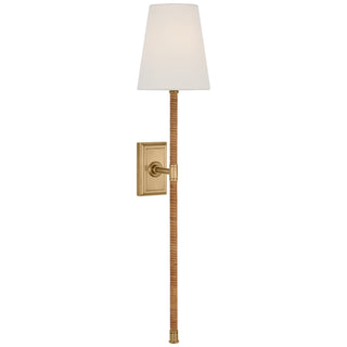 Buy antique-burnished-brass-and-natural-rattan-with-4-x-6-x-7-linen-glass-and-white-shade Basden Outdoor (Damp) Sconce by Visual Comfort Signature