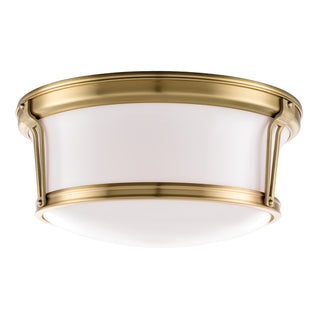 Buy aged-brass-with-opal-glossy-glass-and-white-shade Newport Outdoor (Damp) Flush Mount Ceiling Light by Hudson Valley