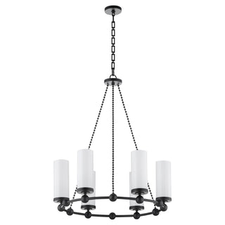 Buy matte-black-with-white-glass-and-white-shade Lee Boulevard Outdoor (Damp) Chandelier by Quorum
