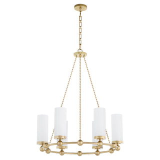 Buy aged-brass-with-white-glass-and-white-shade Lee Boulevard Outdoor (Damp) Chandelier by Quorum