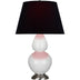 Lily Glazed Ceramic w/Antique Silvered with Ink Black W/ Rose Red Lining Fabric Shade Glass and Black Shade