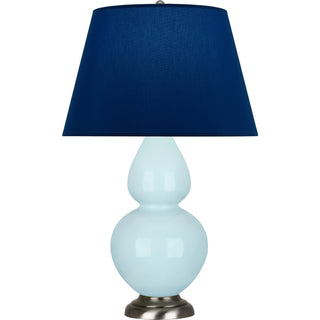 Buy baby-blue-glazed-ceramic-w-antique-silvered-with-navy-w-gray-lining-fabric-shade-glass-and-blue-shade Double Gourd Table Lamp by Robert Abbey