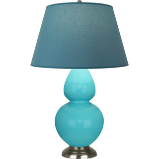 Buy egg-blue-glazed-ceramic-w-antique-silvered-with-bright-blue-w-gray-lining-fabric-shade-glass-and-blue-shade Double Gourd Table Lamp by Robert Abbey