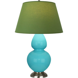 Buy egg-blue-glazed-ceramic-w-antique-silvered-with-tea-green-w-taupe-lining-fabric-shade-glass-and-green-shade Double Gourd Table Lamp by Robert Abbey