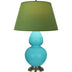 Egg Blue Glazed Ceramic w/Antique Silvered with Tea Green W/ Taupe Lining Fabric Shade Glass and Green Shade