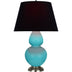 Egg Blue Glazed Ceramic w/Antique Silvered with Ink Black W/ Rose Red Lining Fabric Shade Glass and Black Shade