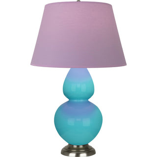 Buy egg-blue-glazed-ceramic-w-antique-silvered-with-lavender-w-plum-lining-fabric-shade-glass-and-pink-shade Double Gourd Table Lamp by Robert Abbey