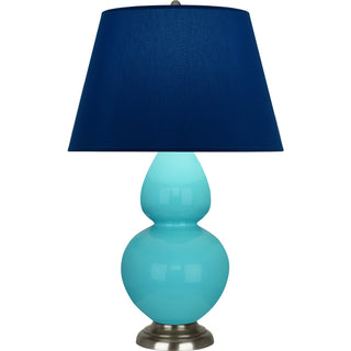Buy egg-blue-glazed-ceramic-w-antique-silvered-with-navy-w-gray-lining-fabric-shade-glass-and-blue-shade Double Gourd Table Lamp by Robert Abbey