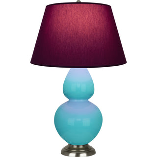 Buy egg-blue-glazed-ceramic-w-antique-silvered-with-plum-w-lavender-lining-fabric-shade-glass-and-red-shade Double Gourd Table Lamp by Robert Abbey