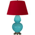 Egg Blue Glazed Ceramic w/Antique Silvered with Rose Red W/ Ink Black Lining Fabric Shade Glass and Red Shade