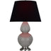 Smokey Taupe Glazed Ceramic w/Antique Silvered with Ink Black W/ Rose Red Lining Fabric Shade Glass and Black Shade