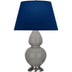Smokey Taupe Glazed Ceramic w/Antique Silvered with Navy W/ Gray Lining Fabric Shade Glass and Blue Shade
