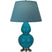 Peacock Glazed Ceramic w/Antique Silvered with Bright Blue W/ Gray Lining Fabric Shade Glass and Blue Shade
